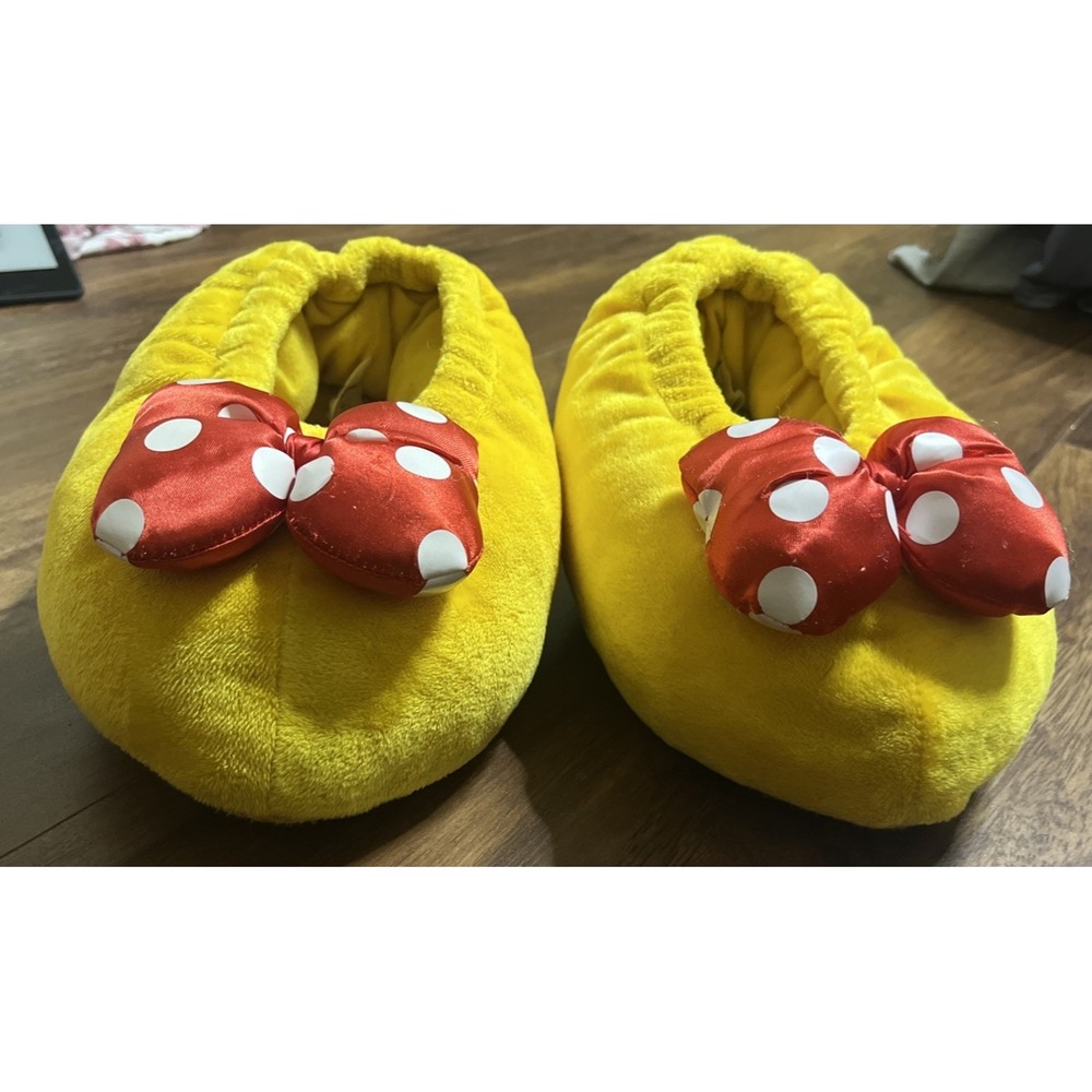 Disney Parks Minnie Mouse Plush Slippers Yellow Red White Polka Dot Bow Adult S - Picture 7 of 9
